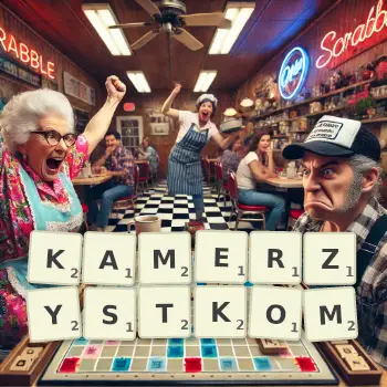 Kreatywna ilustracja do gry w Scrabble ze słowem KAMERZYSTKOM ułożonym z płytek na planszy.