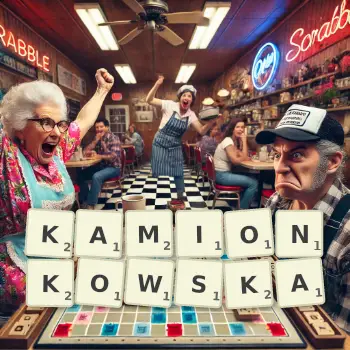 Kreatywna ilustracja do gry w Scrabble ze słowem KAMIONKOWSKA ułożonym z płytek na planszy.