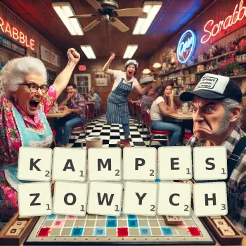 Kreatywna ilustracja do gry w Scrabble ze słowem KAMPESZOWYCH ułożonym z płytek na planszy.