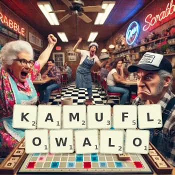 Kreatywna ilustracja do gry w Scrabble ze słowem KAMUFLOWALO ułożonym z płytek na planszy.