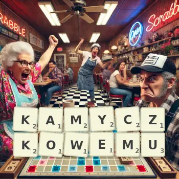 Kreatywna ilustracja do gry w Scrabble ze słowem KAMYCZKOWEMU ułożonym z płytek na planszy.