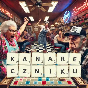 Kreatywna ilustracja do gry w Scrabble ze słowem KANARECZNIKU ułożonym z płytek na planszy.