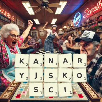 Kreatywna ilustracja do gry w Scrabble ze słowem KANARYJSKOSCI ułożonym z płytek na planszy.