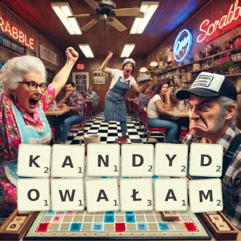 Kreatywna ilustracja do gry w Scrabble ze słowem KANDYDOWAŁAM ułożonym z płytek na planszy.
