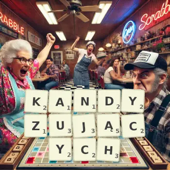 Kreatywna ilustracja do gry w Scrabble ze słowem KANDYZUJĄCYCH ułożonym z płytek na planszy.