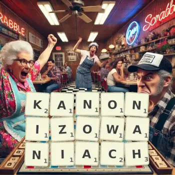 Kreatywna ilustracja do gry w Scrabble ze słowem KANONIZOWANIACH ułożonym z płytek na planszy.