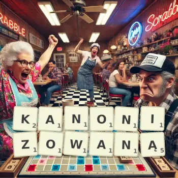 Kreatywna ilustracja do gry w Scrabble ze słowem KANONIZOWANĄ ułożonym z płytek na planszy.