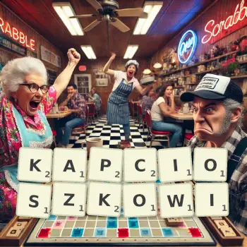 Kreatywna ilustracja do gry w Scrabble ze słowem KAPCIOSZKOWI ułożonym z płytek na planszy.