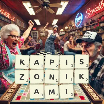 Kreatywna ilustracja do gry w Scrabble ze słowem KAPISZONIKAMI ułożonym z płytek na planszy.