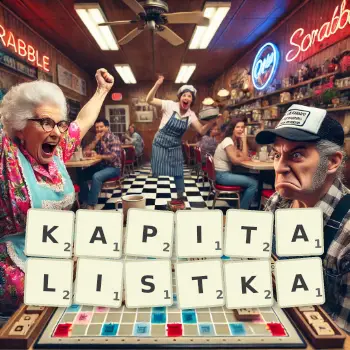 Kreatywna ilustracja do gry w Scrabble ze słowem KAPITALISTKA ułożonym z płytek na planszy.