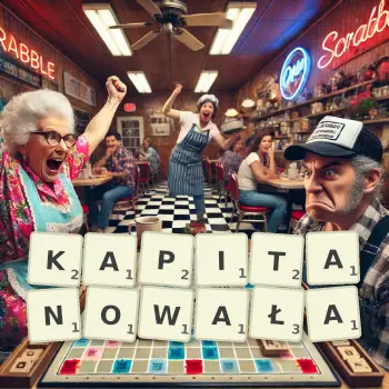 Kreatywna ilustracja do gry w Scrabble ze słowem KAPITANOWAŁA ułożonym z płytek na planszy.