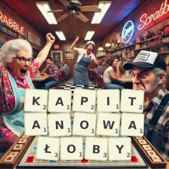 Kreatywna ilustracja do gry w Scrabble ze słowem KAPITANOWAŁOBY ułożonym z płytek na planszy.