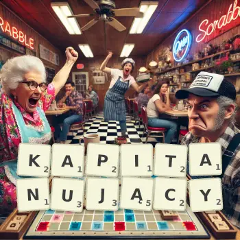 Kreatywna ilustracja do gry w Scrabble ze słowem KAPITANUJĄCY ułożonym z płytek na planszy.