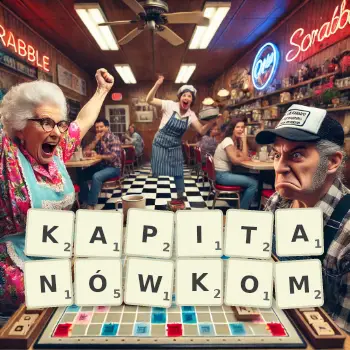 Kreatywna ilustracja do gry w Scrabble ze słowem KAPITANÓWKOM ułożonym z płytek na planszy.