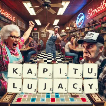 Kreatywna ilustracja do gry w Scrabble ze słowem KAPITULUJACY ułożonym z płytek na planszy.