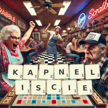 Kreatywna ilustracja do gry w Scrabble ze słowem KAPNELISCIE ułożonym z płytek na planszy.