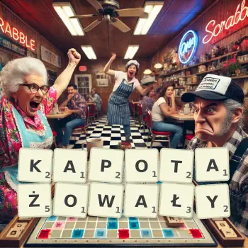 Kreatywna ilustracja do gry w Scrabble ze słowem KAPOTAŻOWAŁY ułożonym z płytek na planszy.