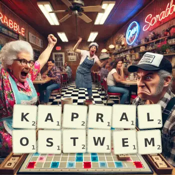 Kreatywna ilustracja do gry w Scrabble ze słowem KAPRALOSTWEM ułożonym z płytek na planszy.