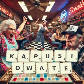 Kreatywna ilustracja do gry w Scrabble ze słowem KAPUSIOWATE ułożonym z płytek na planszy.