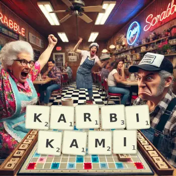 Kreatywna ilustracja do gry w Scrabble ze słowem KARBIKAMI ułożonym z płytek na planszy.