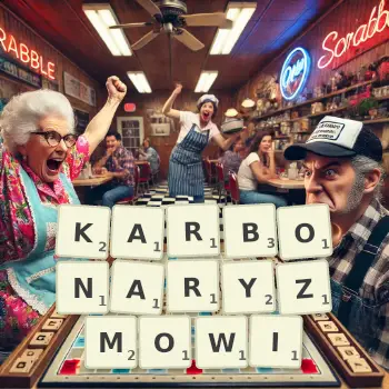 Kreatywna ilustracja do gry w Scrabble ze słowem KARBONARYZMOWI ułożonym z płytek na planszy.