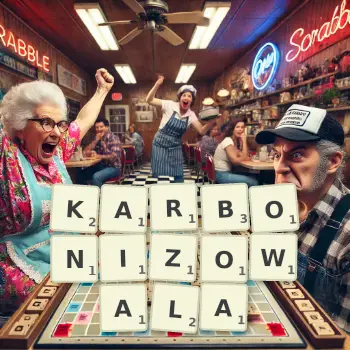 Kreatywna ilustracja do gry w Scrabble ze słowem KARBONIZOWALA ułożonym z płytek na planszy.