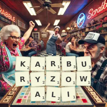 Kreatywna ilustracja do gry w Scrabble ze słowem KARBURYZOWALI ułożonym z płytek na planszy.