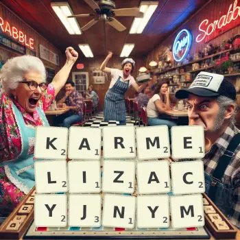 Kreatywna ilustracja do gry w Scrabble ze słowem KARMELIZACYJNYM ułożonym z płytek na planszy.