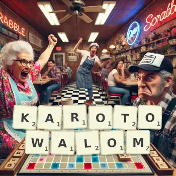 Kreatywna ilustracja do gry w Scrabble ze słowem KAROTOWALOM ułożonym z płytek na planszy.