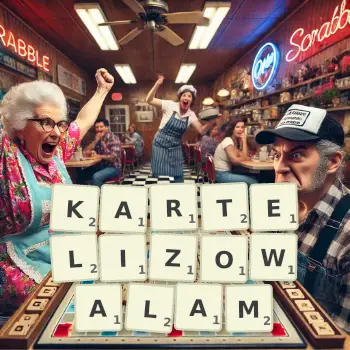 Kreatywna ilustracja do gry w Scrabble ze słowem KARTELIZOWALAM ułożonym z płytek na planszy.