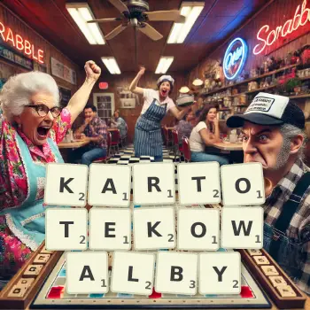 Kreatywna ilustracja do gry w Scrabble ze słowem KARTOTEKOWALBY ułożonym z płytek na planszy.