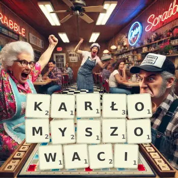 Kreatywna ilustracja do gry w Scrabble ze słowem KARŁOMYSZOWACI ułożonym z płytek na planszy.
