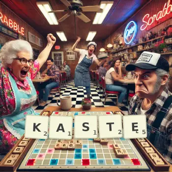 Kreatywna ilustracja do gry w Scrabble ze słowem KASTĘ ułożonym z płytek na planszy.