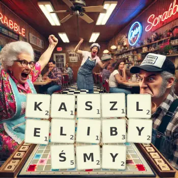 Kreatywna ilustracja do gry w Scrabble ze słowem KASZLELIBYŚMY ułożonym z płytek na planszy.