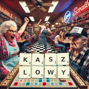 Kreatywna ilustracja do gry w Scrabble ze słowem KASZLOWY ułożonym z płytek na planszy.