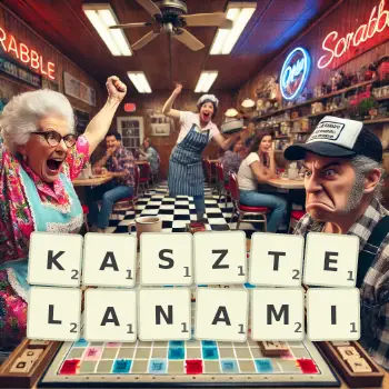 Kreatywna ilustracja do gry w Scrabble ze słowem KASZTELANAMI ułożonym z płytek na planszy.
