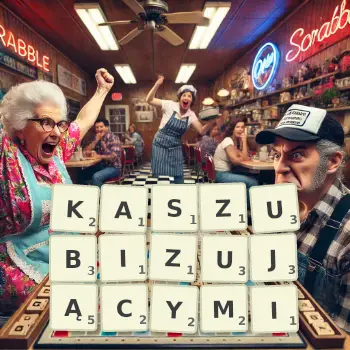 Kreatywna ilustracja do gry w Scrabble ze słowem KASZUBIZUJĄCYMI ułożonym z płytek na planszy.