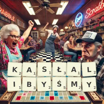 Kreatywna ilustracja do gry w Scrabble ze słowem KASŁALIBYŚMY ułożonym z płytek na planszy.