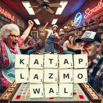 Kreatywna ilustracja do gry w Scrabble ze słowem KATAPLAZMOWAL ułożonym z płytek na planszy.