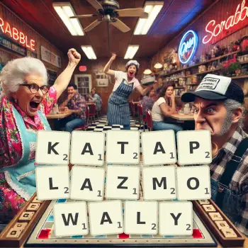 Kreatywna ilustracja do gry w Scrabble ze słowem KATAPLAZMOWALY ułożonym z płytek na planszy.