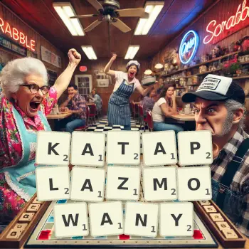 Kreatywna ilustracja do gry w Scrabble ze słowem KATAPLAZMOWANY ułożonym z płytek na planszy.