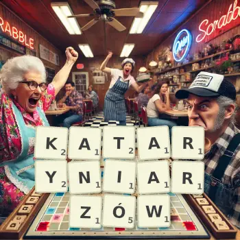 Kreatywna ilustracja do gry w Scrabble ze słowem KATARYNIARZÓW ułożonym z płytek na planszy.