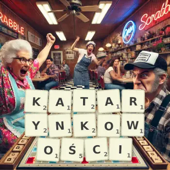 Kreatywna ilustracja do gry w Scrabble ze słowem KATARYNKOWOŚCI ułożonym z płytek na planszy.