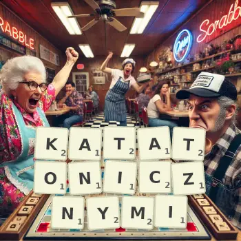 Kreatywna ilustracja do gry w Scrabble ze słowem KATATONICZNYMI ułożonym z płytek na planszy.