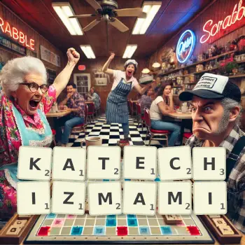 Kreatywna ilustracja do gry w Scrabble ze słowem KATECHIZMAMI ułożonym z płytek na planszy.
