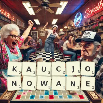 Kreatywna ilustracja do gry w Scrabble ze słowem KAUCJONOWANE ułożonym z płytek na planszy.