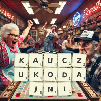 Kreatywna ilustracja do gry w Scrabble ze słowem KAUCZUKODAJNI ułożonym z płytek na planszy.