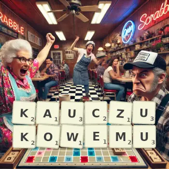 Kreatywna ilustracja do gry w Scrabble ze słowem KAUCZUKOWEMU ułożonym z płytek na planszy.