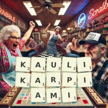 Kreatywna ilustracja do gry w Scrabble ze słowem KAULIKARPIAMI ułożonym z płytek na planszy.