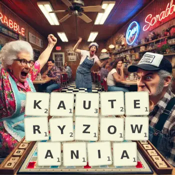 Kreatywna ilustracja do gry w Scrabble ze słowem KAUTERYZOWANIA ułożonym z płytek na planszy.
